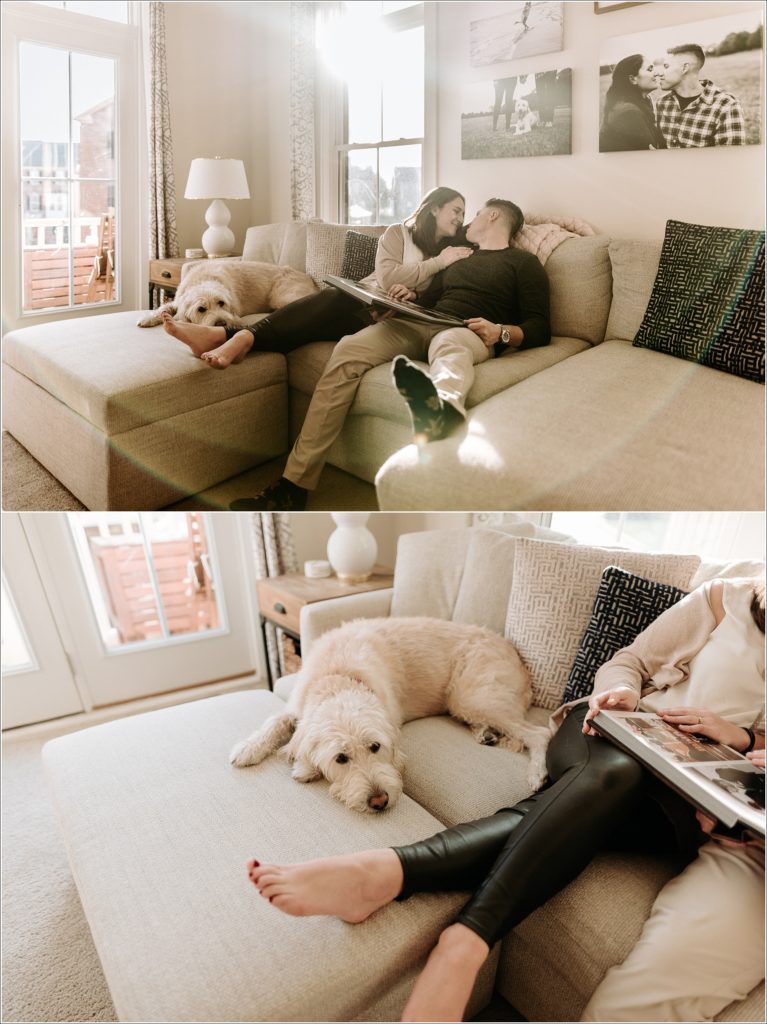couples christmas photos in their urbana maryland townhouse with labradoodle and sunlight streaming in