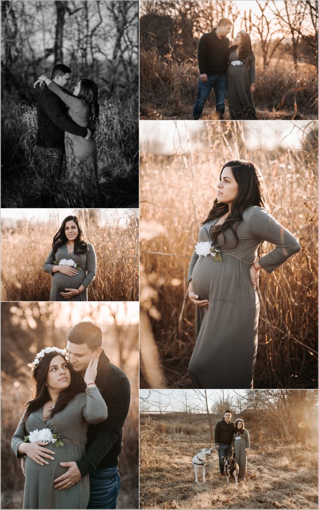collage of maternity pics in frederick maryland at sunset in olive maternity dress