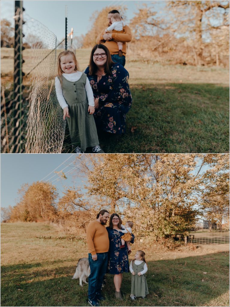 family poses in front of yellow leaves in blue green and yellow fall outfits for swva photography