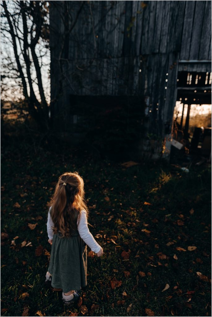 little girl looks into the sunset through and old barn door in swva photography in meadowview va