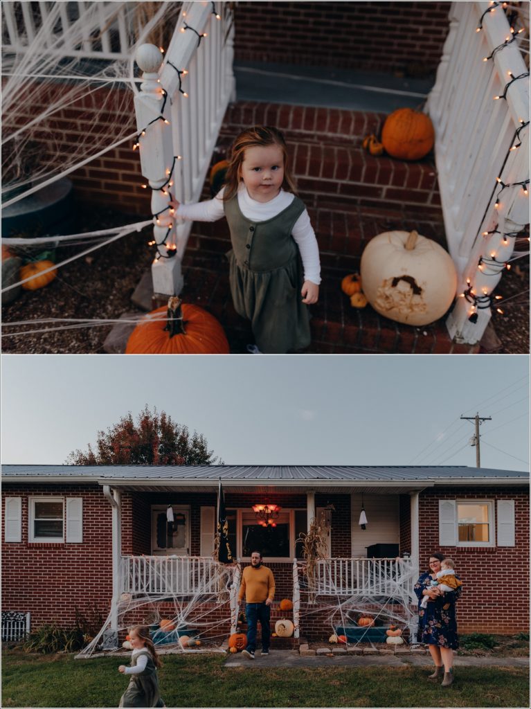 family runs around in front of their home decorated for Halloween in Meadowview Virginia