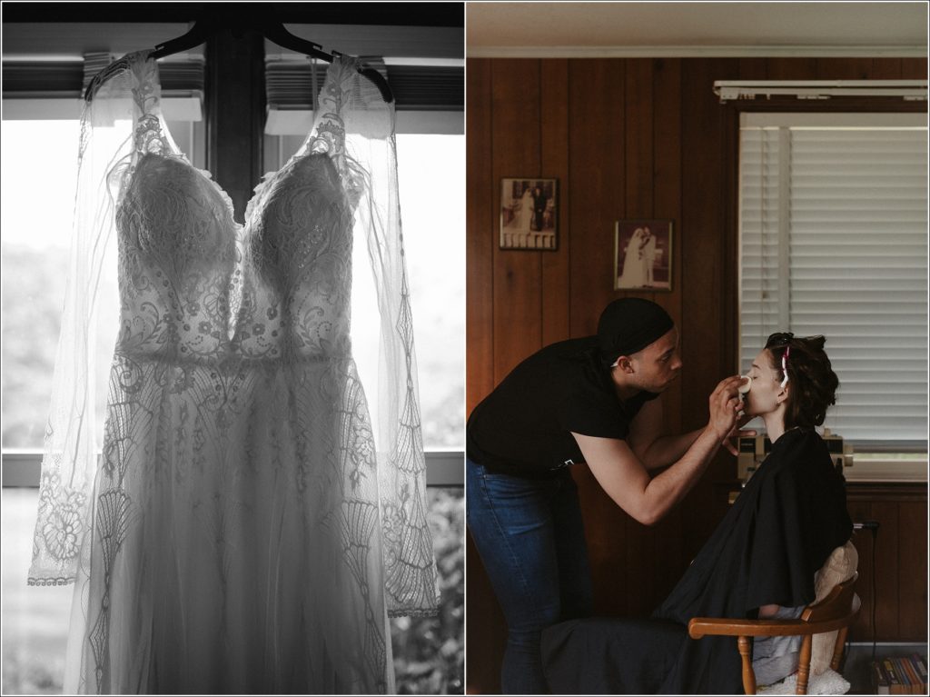 bristol tn backyard wedding getting ready in dimly light room and hanging lace dress
