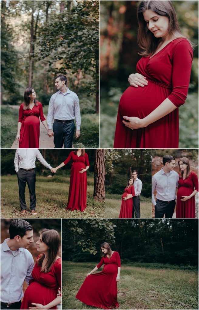 couple poses at sligo creek trail in burgundy maternity dress