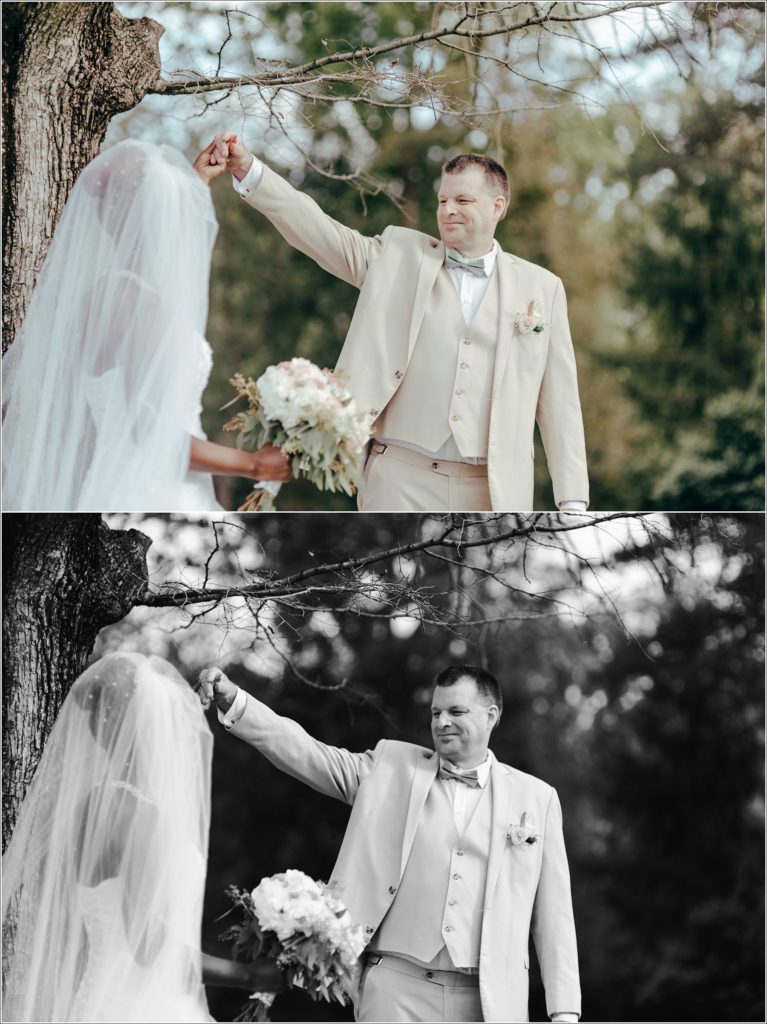 first look bride and groom at kings contrivance restaurant