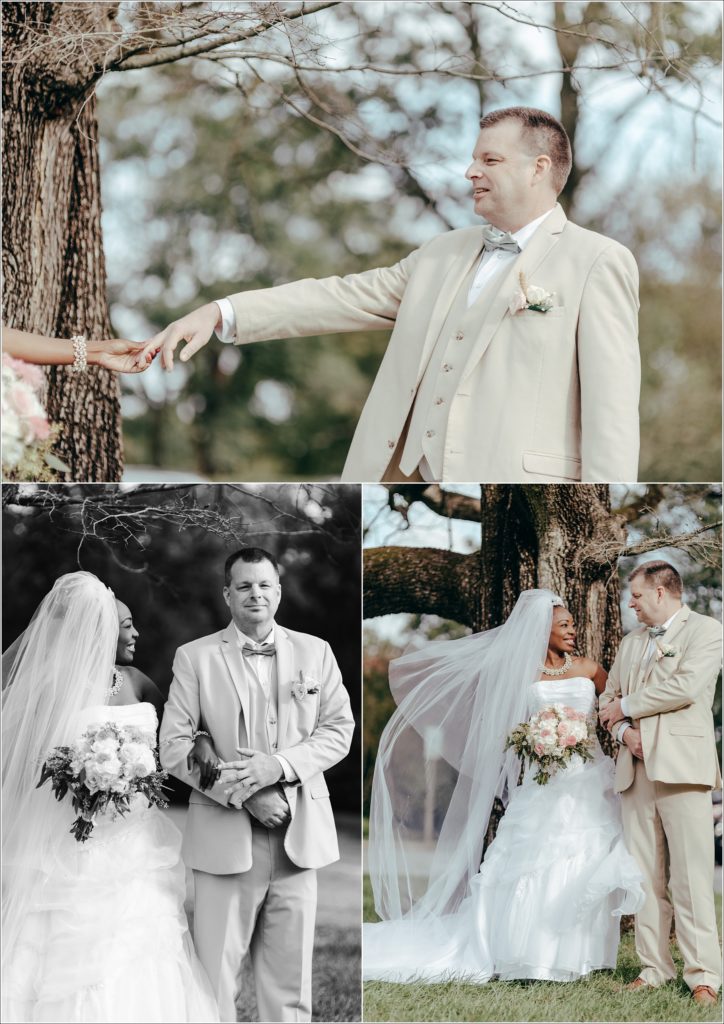 first look bride and groom at kings contrivance restaurant
