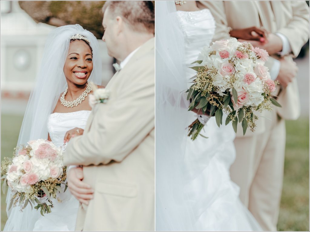 first look bride and groom at kings contrivance restaurant