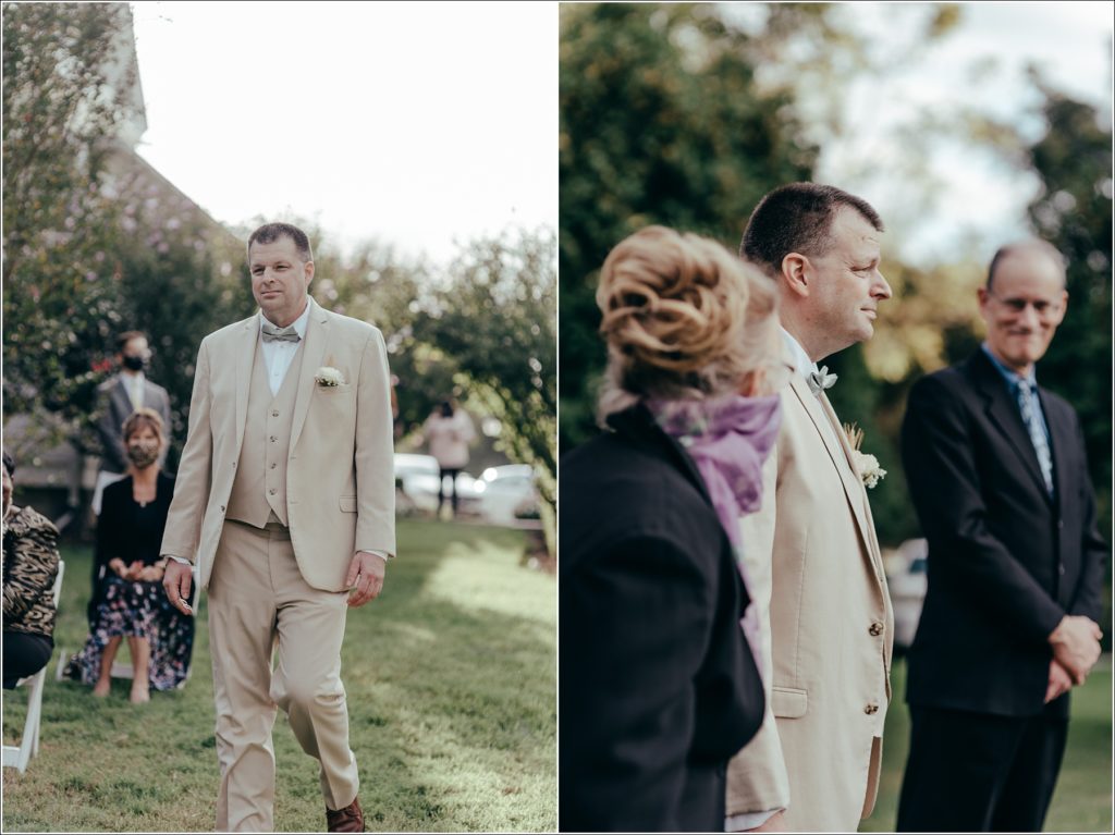 groom walks down aisle and waits for bride at kings contrivance restaurant