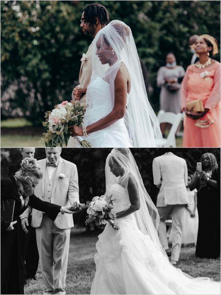 bride walks down aisle at kings contrivance restaurant