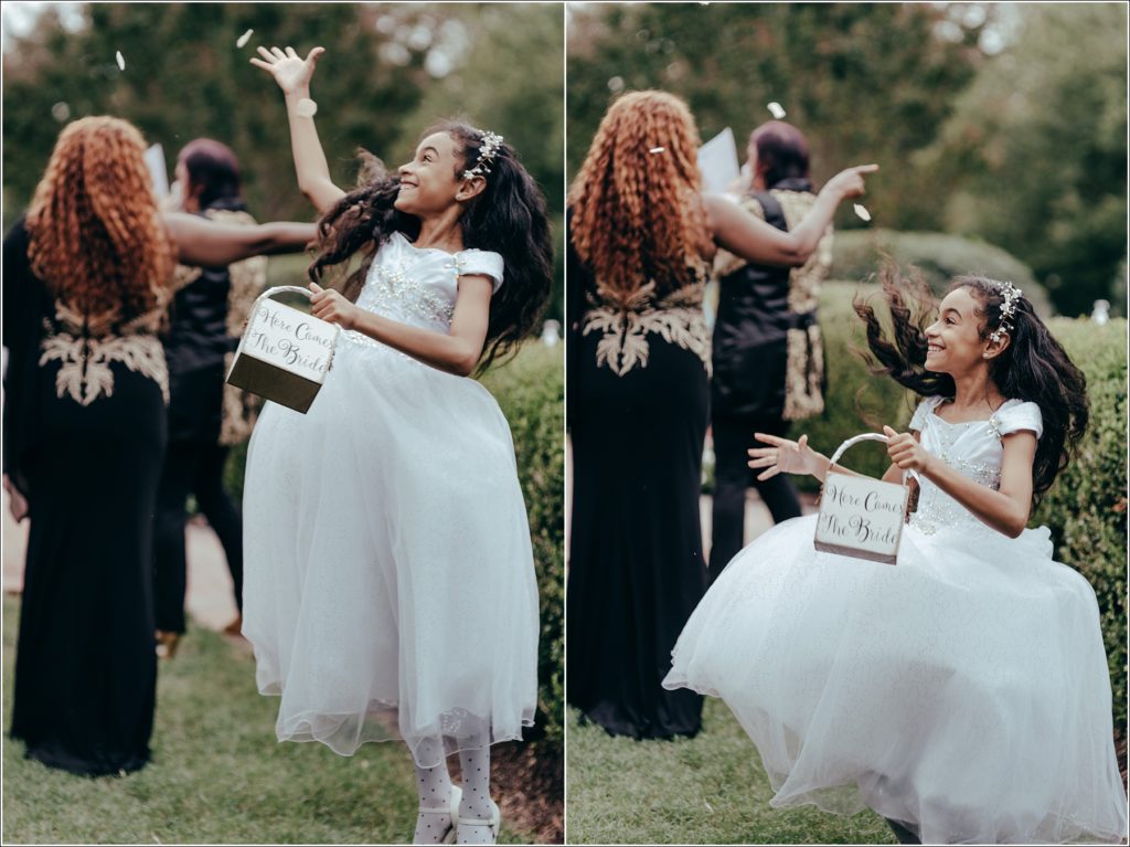 flower girl jumps at wedding at kings contrivance restaurant
