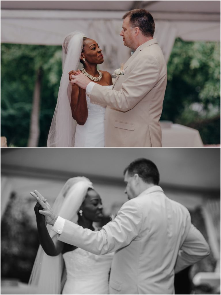 bride and groom first dance at tent at kings contrivance restaurant