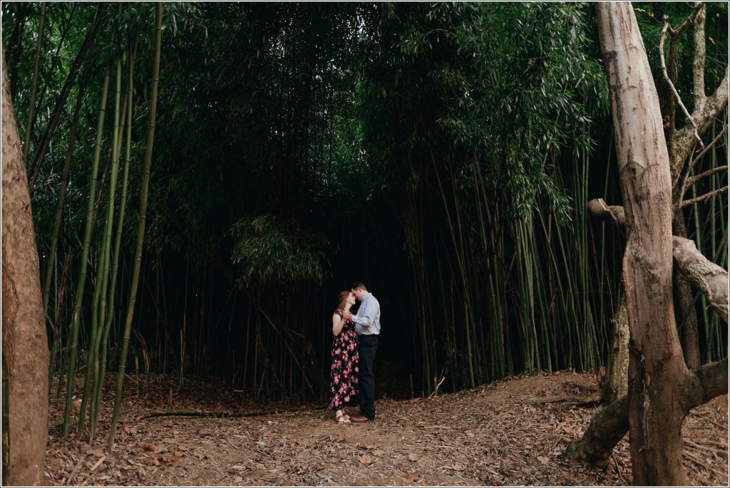 pregnant woman and man dance in front of a bamboo forest