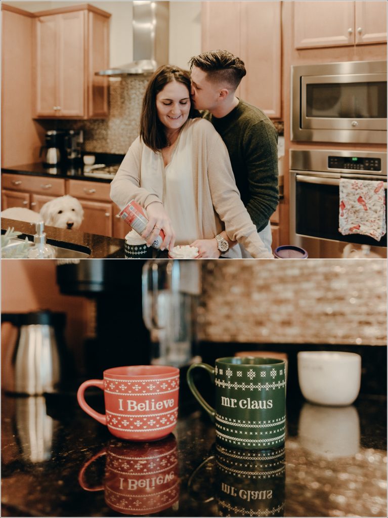 man kisses wife's cheek from behind as they make hot chocolate in urbana maryland