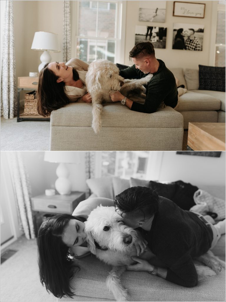 couples christmas photos in their urbana maryland townhouse and snuggle with their labradoodle