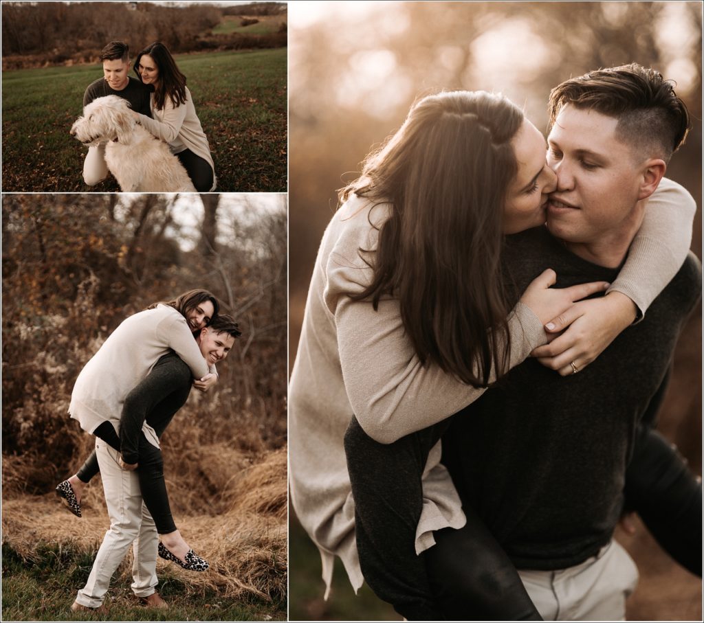 couples christmas photos woman on mans back in golden field in urbana maryland