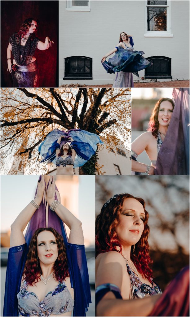 belly dancer photoshoot collage at sunset and with colorful tree in frederick maryland