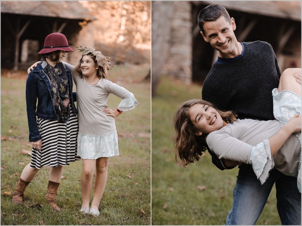daughter poses with mom and dad for family photos at catoctin furnace