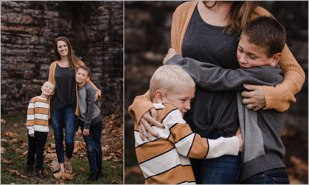 two boys hug their mom for family photos in thurmont maryland