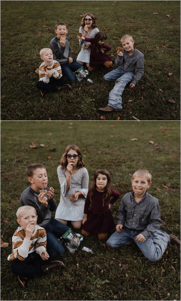 five kids eat cookies on the grass at catoctin furnace