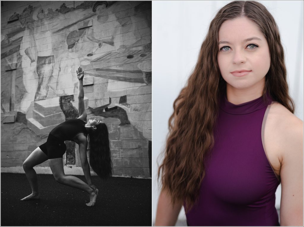 dc dancer in purple leotard and black shorts dances against gaithersburg mural and a white wall