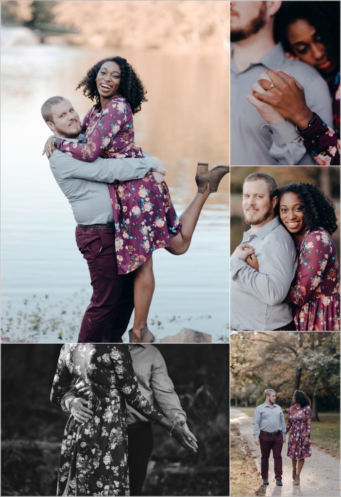 woman in floral dress and fiancé pose for engagement photos at engagement photos at allen pond park