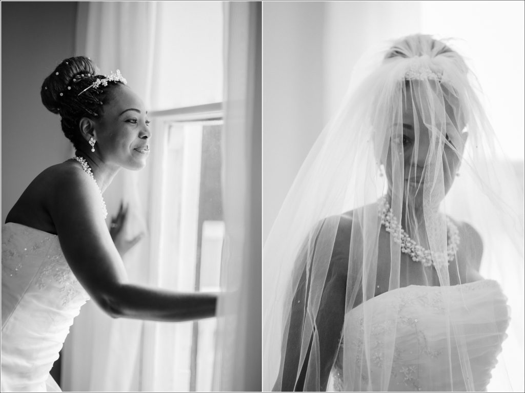 black and white photos of a bride in a veil and looking out the window at kings contrivance wedding