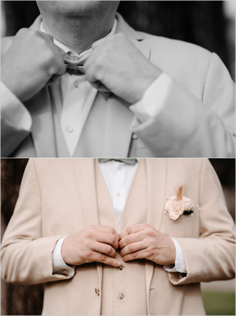 details of a groom's camel suit