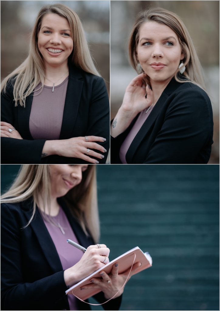 woman in jeans and purple top and black blazer poses with planner
