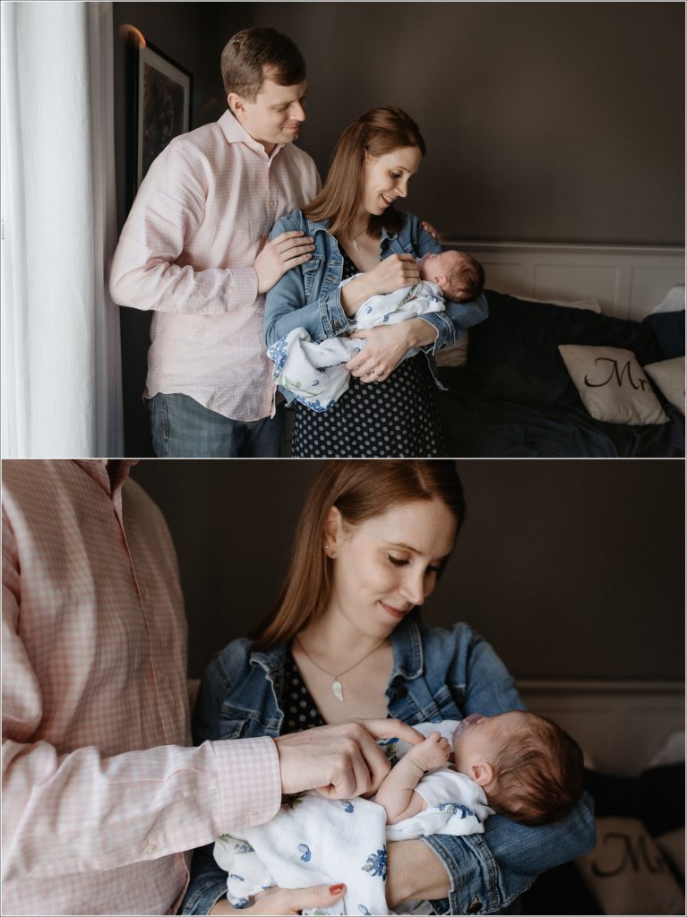 newborn held by parents in window light captured by maryland newborn photographer