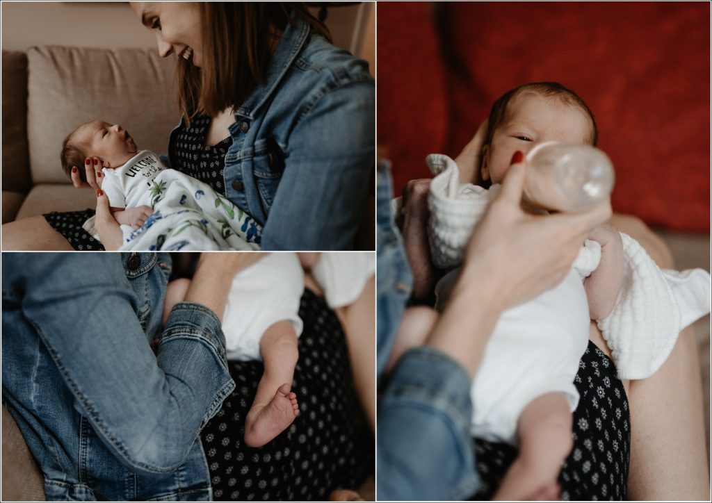 mom feeds newborn baby on couch and close up of baby toes