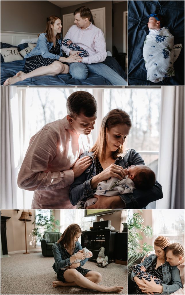 collage of maryland newborn photographer photos with mom and dad in the window light