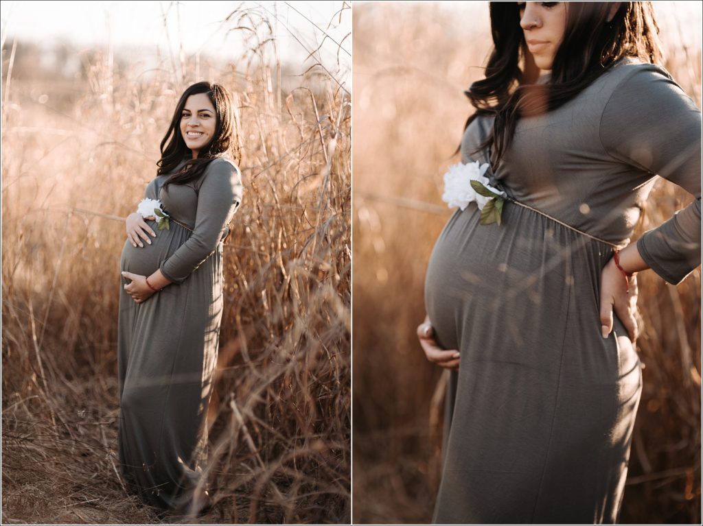 pregnant woman in olive maternity dress in golden field