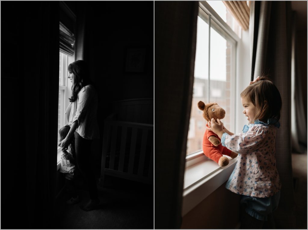 mom and daughter in window light for in home maternity photography