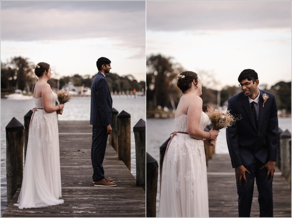 first look on the dock at solomons island wedding