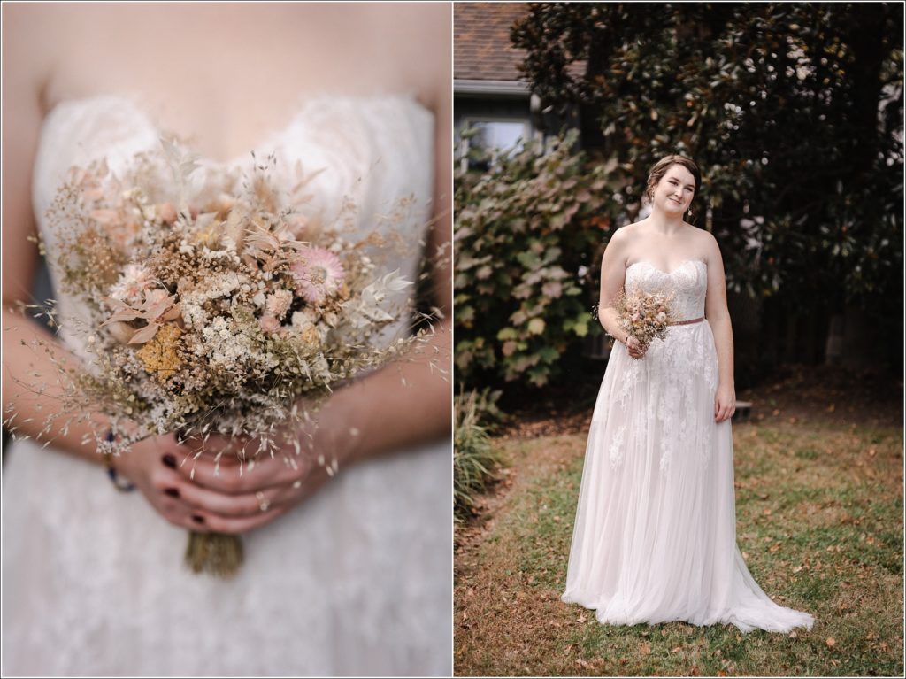 bride poses with pastel bouquet in solomons island wedding portraits