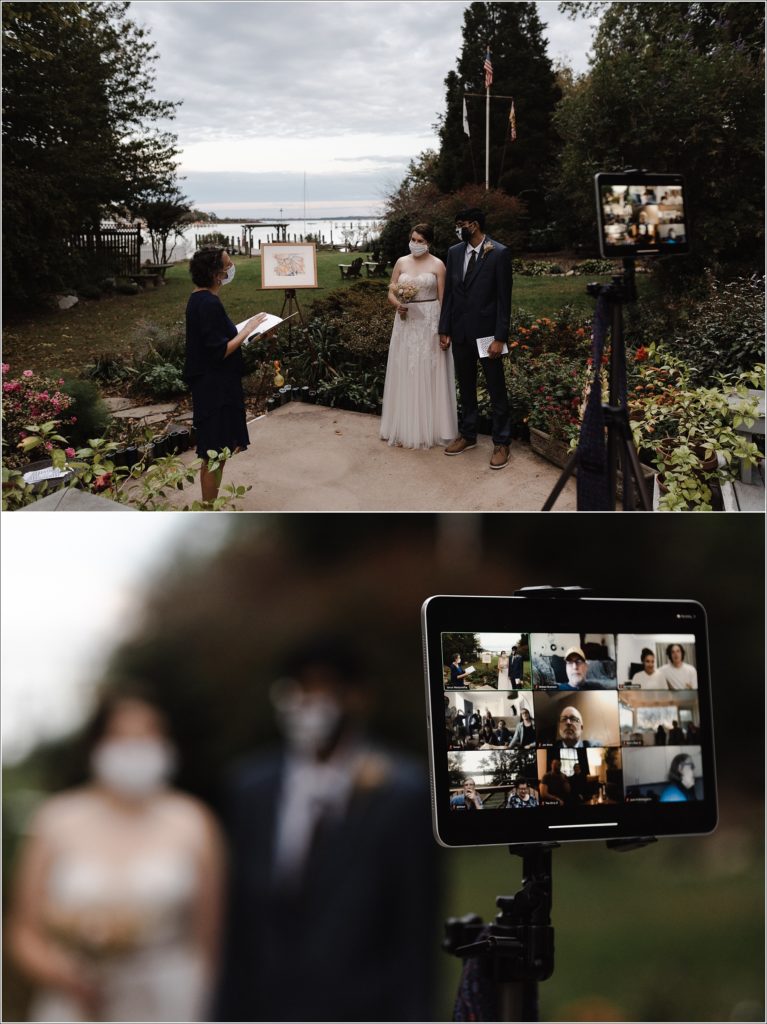 and ipad is set up to zoom into a solomons island wedding in front of the water