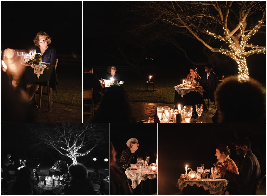 a wedding reception in the twinkly light of a decorated tree in southern maryland wedding