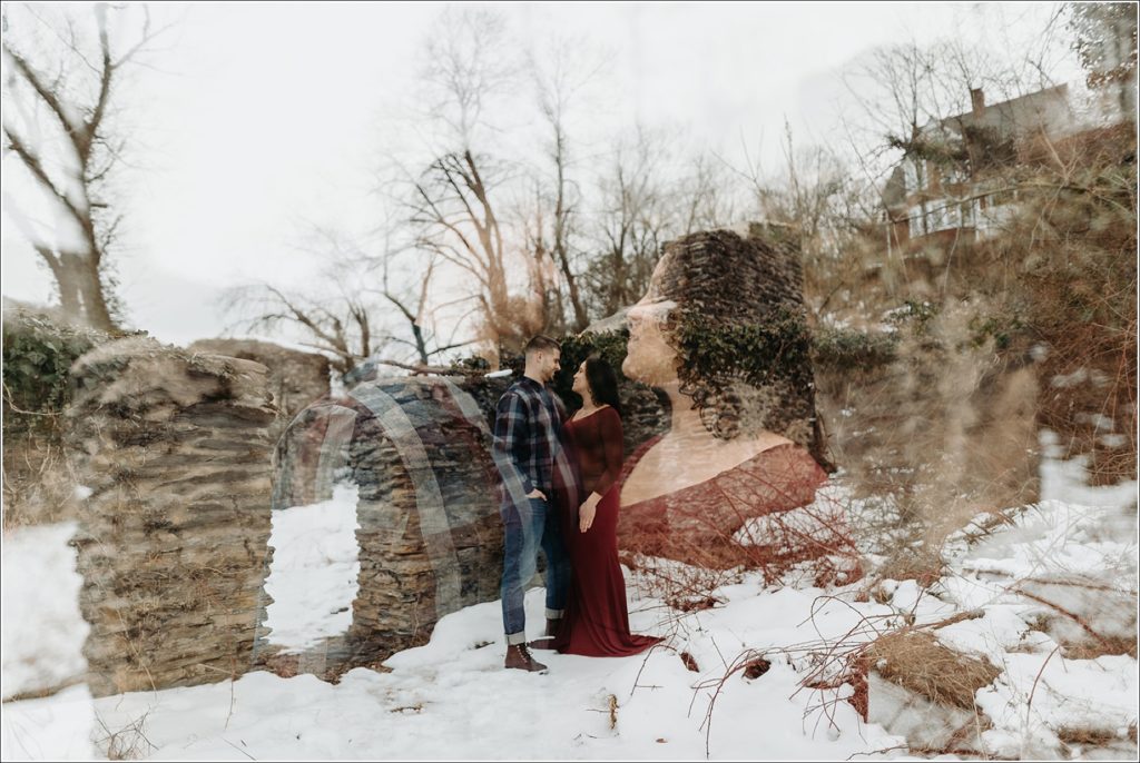 double exposure of pregnant couple at ruins of st johns in harpers ferry photoshoot location
