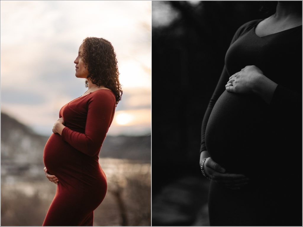 pregnant woman in red maternity dress at sunrise