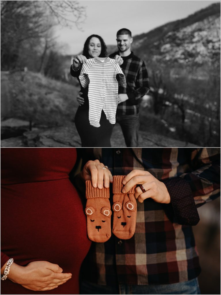 couple poses with pregnant belly in red maternity dress and flannel shirt at sunset with baby clothes in Harper's Ferry with Maryland maternity photographer