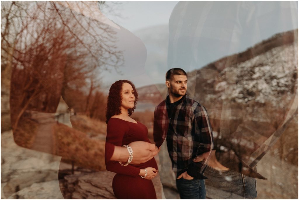 double exposure of a pregnant woman and husband at Harper's Ferry overlook at sunset