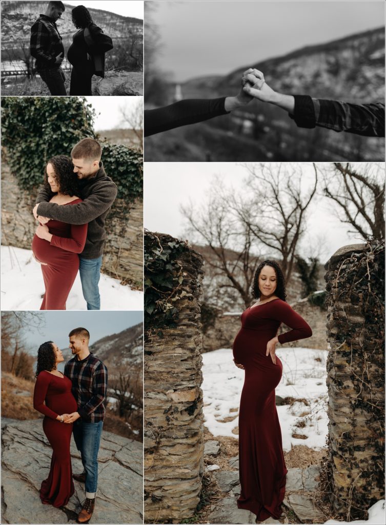 pregnant woman and husband in long red maternity dress with maryland maternity photographer at ruins at st.johns in harpers ferry