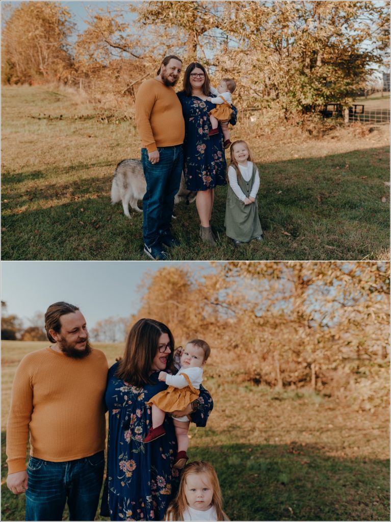family poses in front of yellow leaves in blue green and yellow fall outfits for swva photography