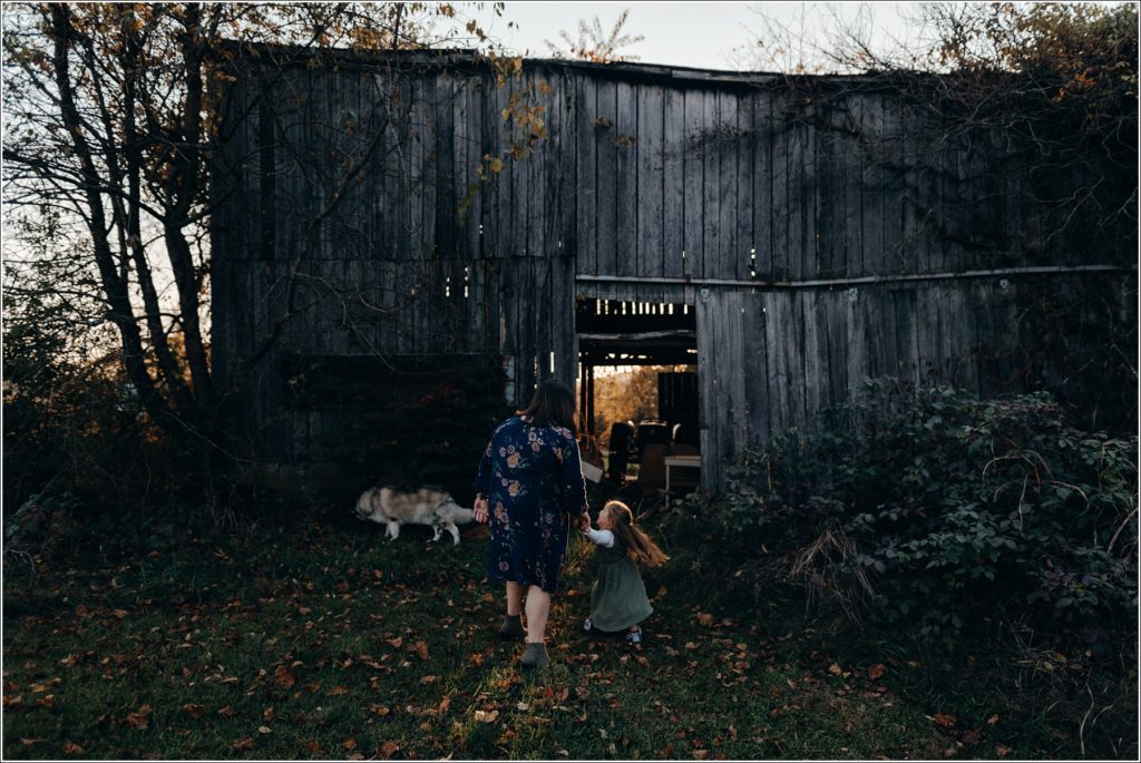 little girl walks with her mother at sunset in front of an old barn in meadowview virginia