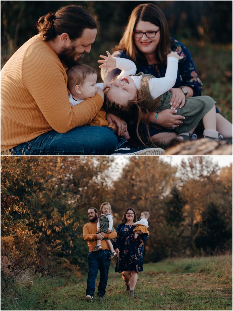 family poses on farm in swva photography in yellow green and blue outfits
