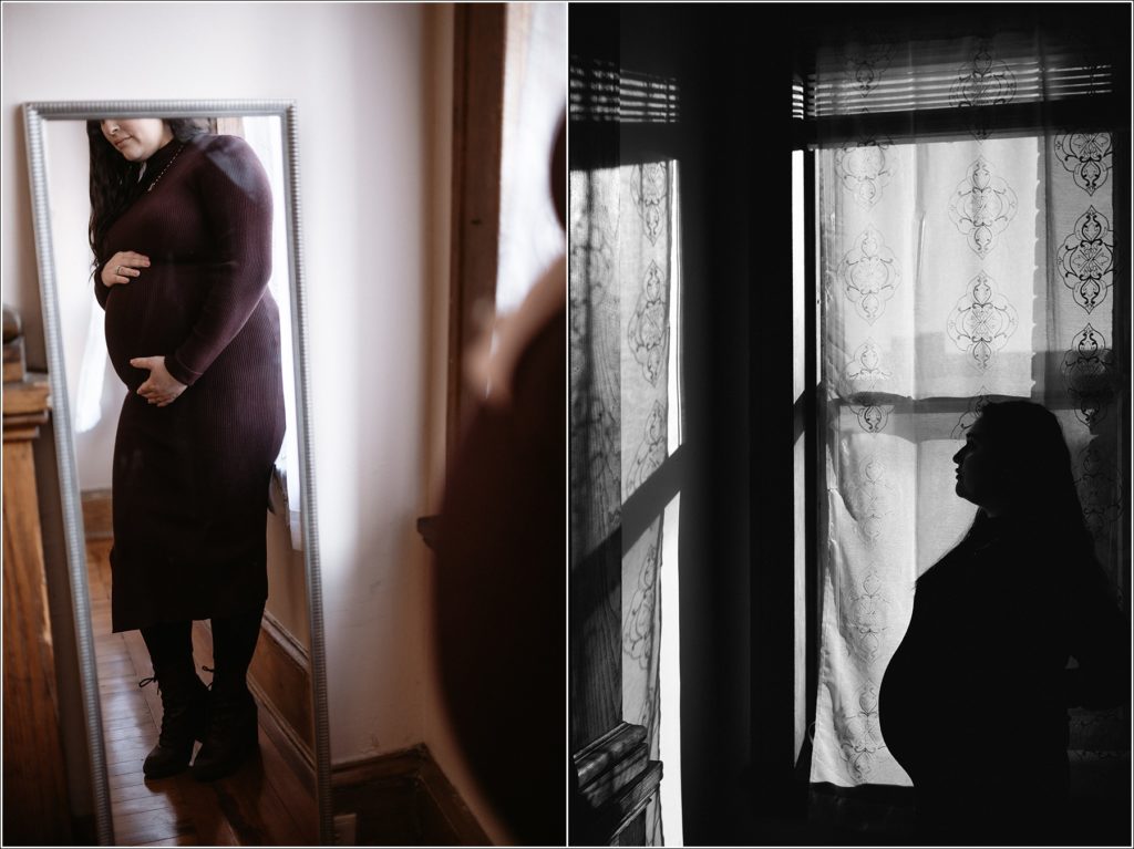 pregnant woman in purple maternity sweater dress poses in photo studio