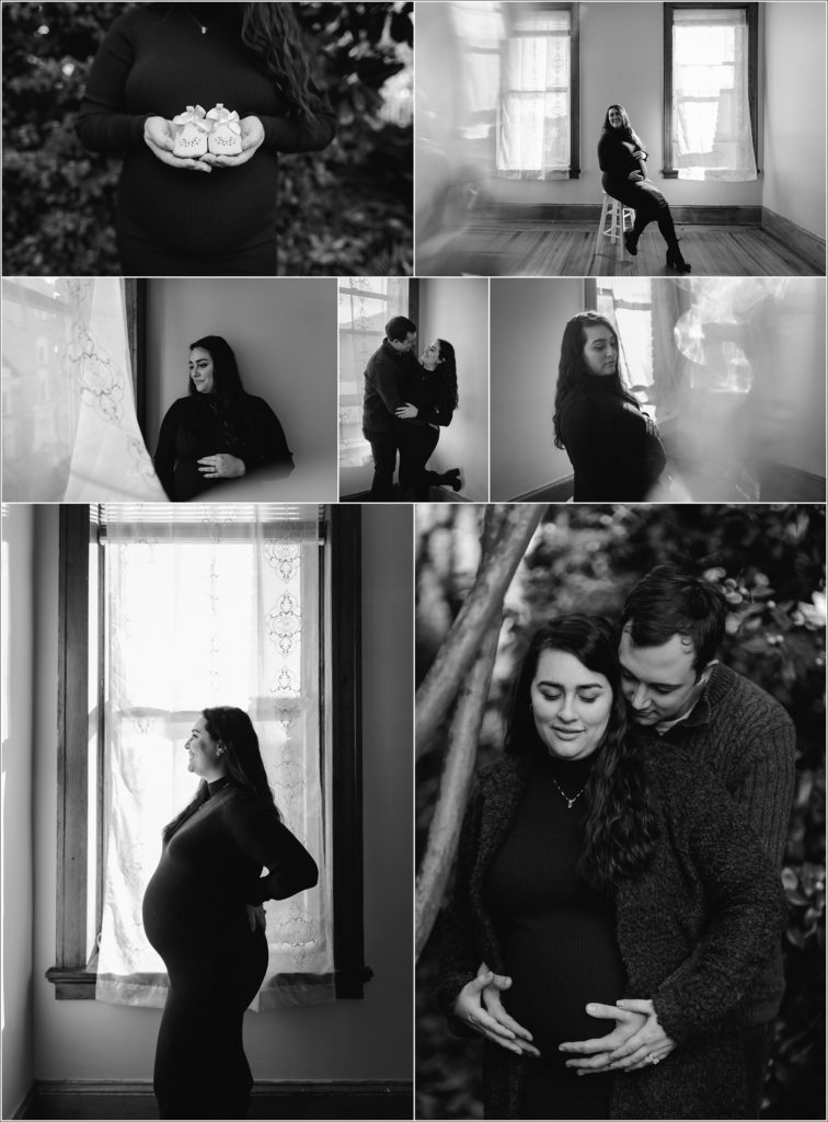 mand and pregnant woman in purple maternity sweater dress and grey coat pose outside for Frederick winter maternity shoot black and white collage