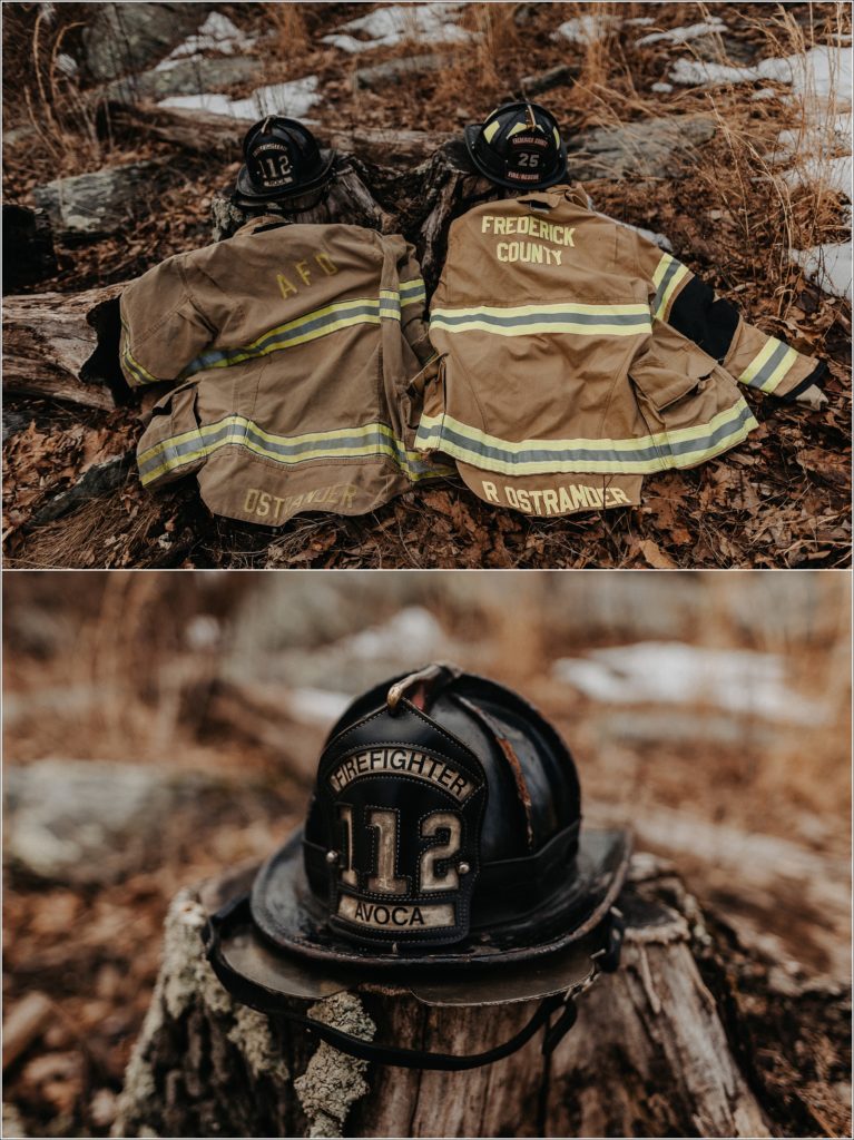 firefighter gear laid on the ground at middletown overlook for firefighter engagement photos