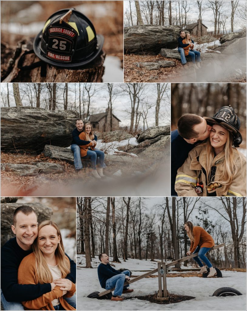 collage of firefighter engagement photos at middletown overlook