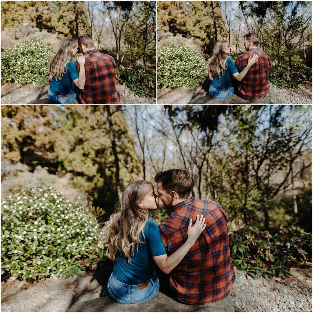 couple poses in the sunlight in asian garden at us national arboretum engagement photo session
