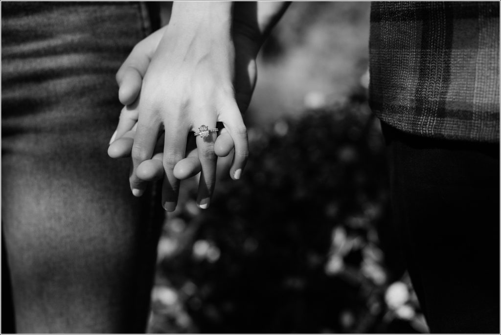 black and white image of couple holding hands in the asian garden in national arboretum engagement photos